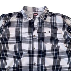 Wrangler Outdoor Plaid Shirt Mens XL Short Sleeve Hiking Fishing Vent Grey Blue